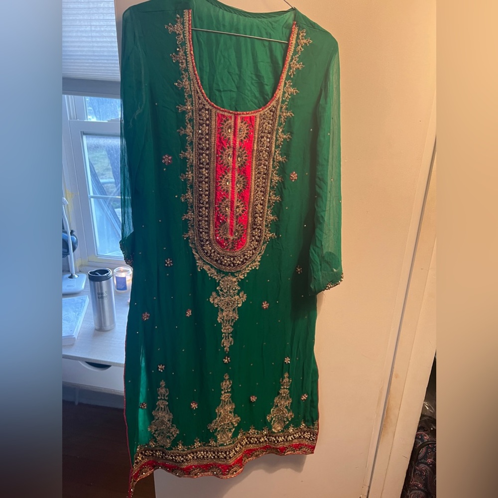 Green Pakistani dress with shirt and dupatta